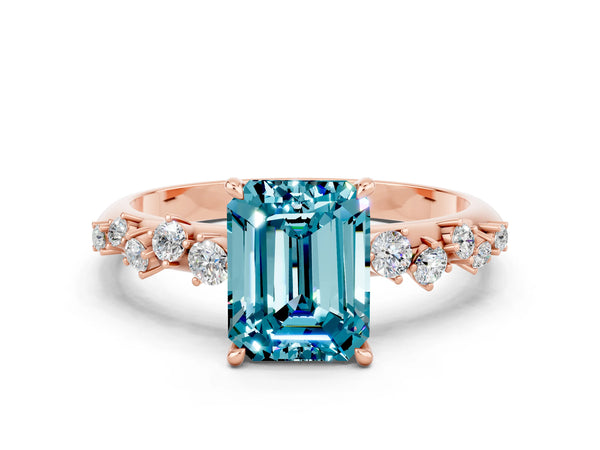 Rose Gold Emerald Cut Blue Topaz Graduated Cluster Solitaire Engagement Ring with Open Basket