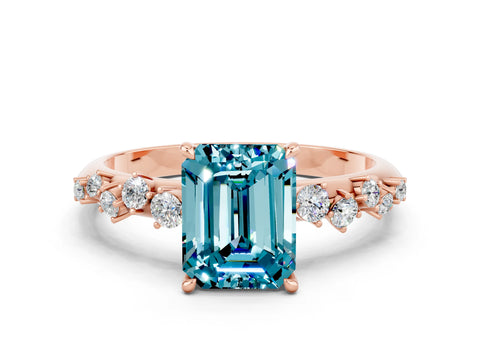 Rose gold Emerald Cut Blue Topaz Cluster Side Stone Solitaire Ring with Prong Setting_24