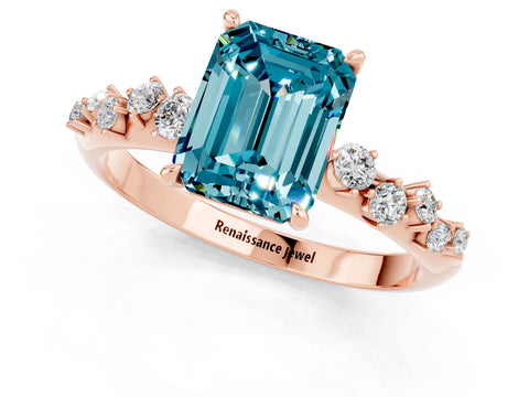 Rose gold Emerald Cut Blue Topaz Cluster Side Stone Solitaire Ring with Prong Setting_25