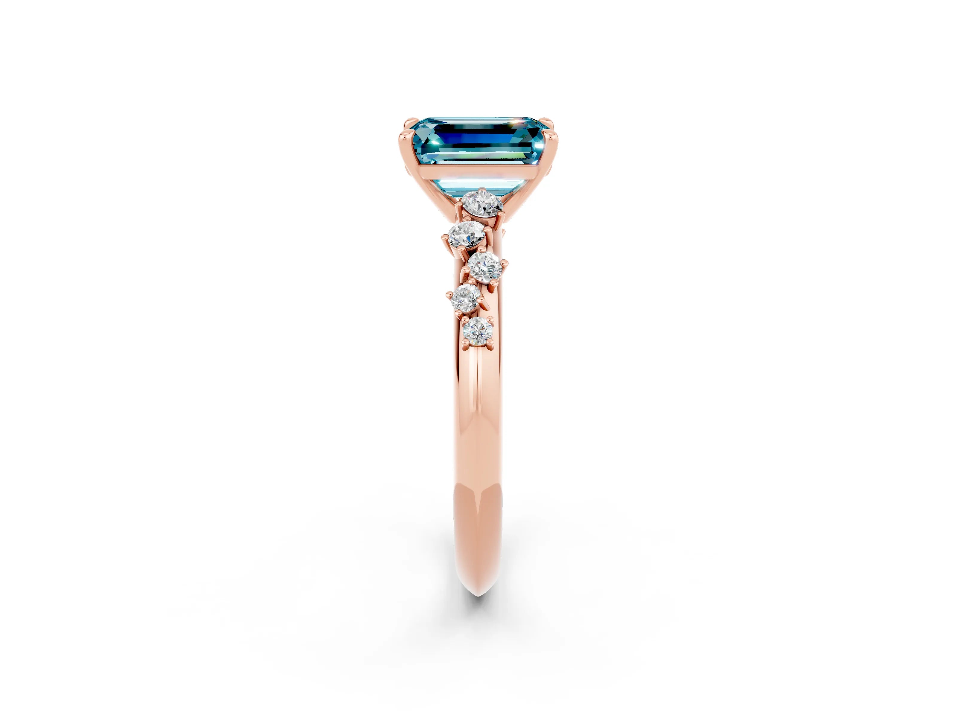 Rose gold Emerald Cut Blue Topaz Cluster Side Stone Solitaire Ring with Prong Setting_26