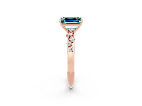 Rose gold Emerald Cut Blue Topaz Cluster Side Stone Solitaire Ring with Prong Setting_26
