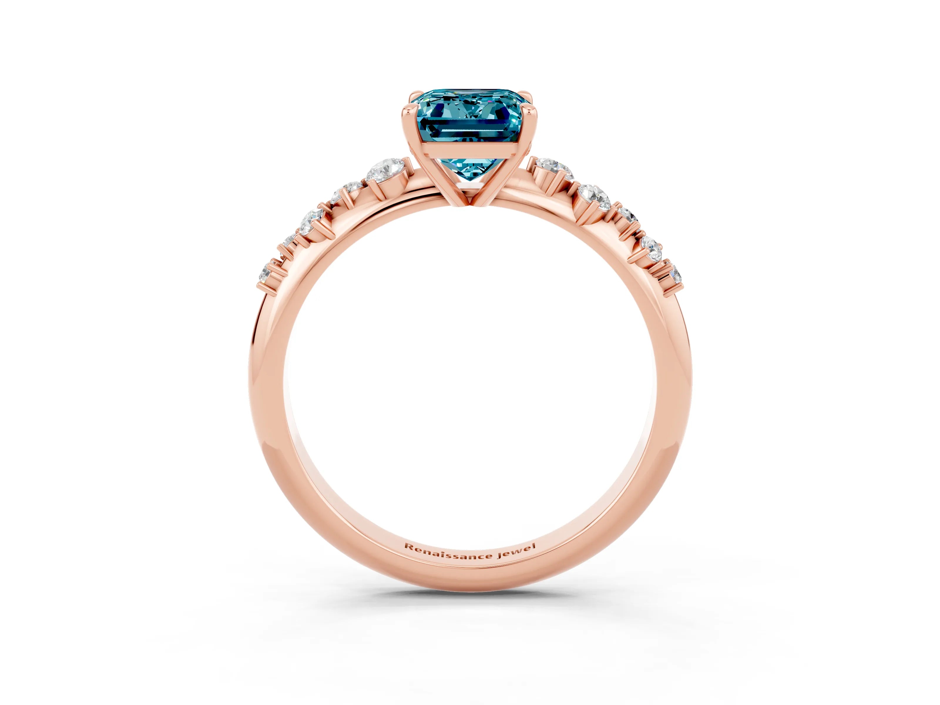 Rose gold Emerald Cut Blue Topaz Cluster Side Stone Solitaire Ring with Prong Setting_27
