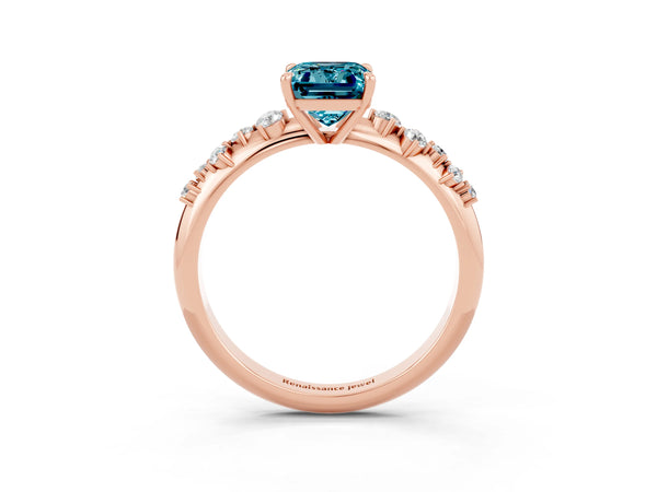 Rose Gold Emerald Cut Blue Topaz Graduated Cluster Solitaire Engagement Ring with Open Basket