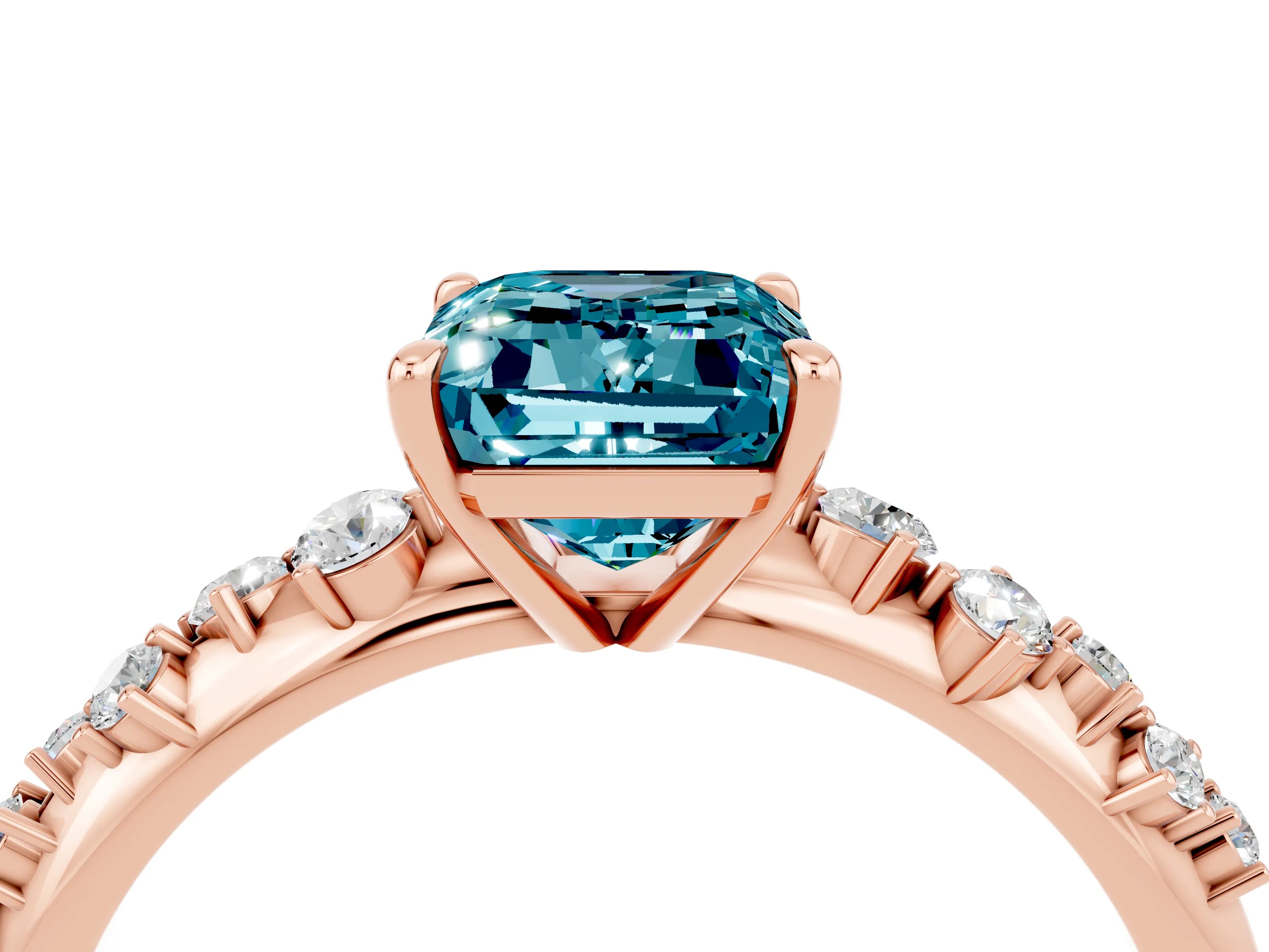 Rose gold Emerald Cut Blue Topaz Cluster Side Stone Solitaire Ring with Prong Setting_28