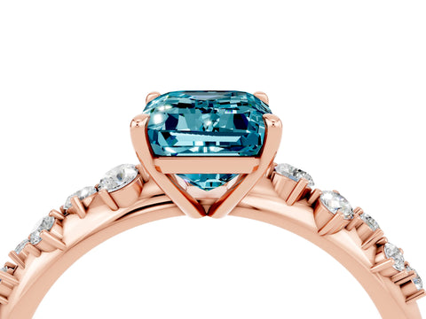 Rose gold Emerald Cut Blue Topaz Cluster Side Stone Solitaire Ring with Prong Setting_28