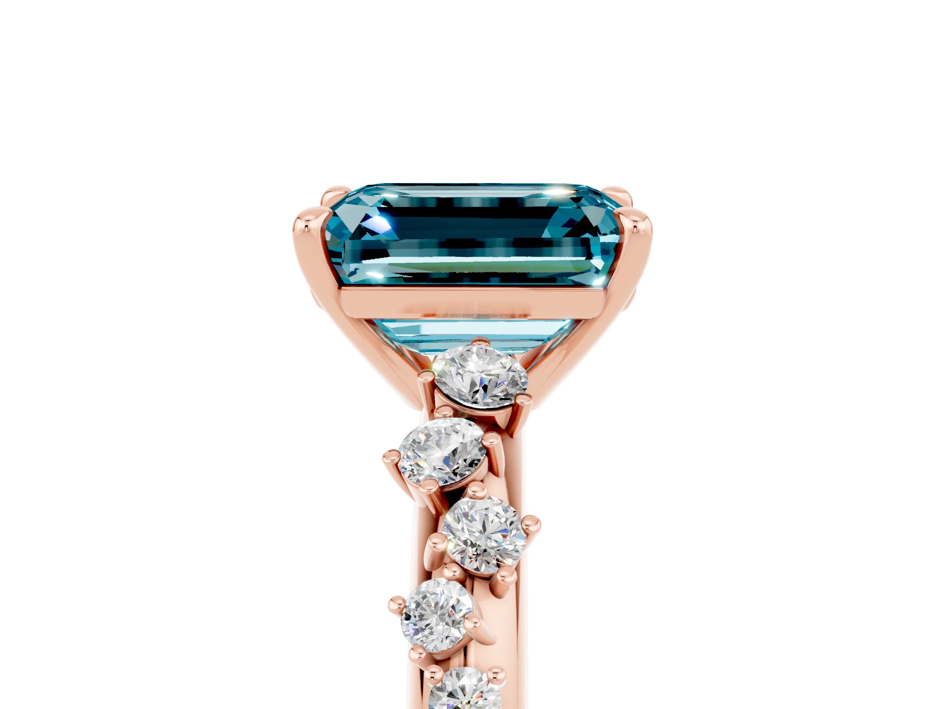Rose gold Emerald Cut Blue Topaz Cluster Side Stone Solitaire Ring with Prong Setting_29