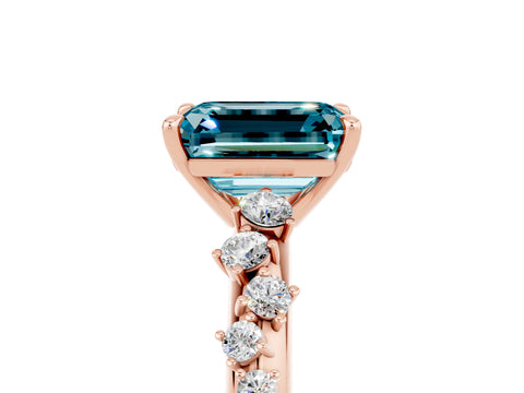 Rose gold Emerald Cut Blue Topaz Cluster Side Stone Solitaire Ring with Prong Setting_29