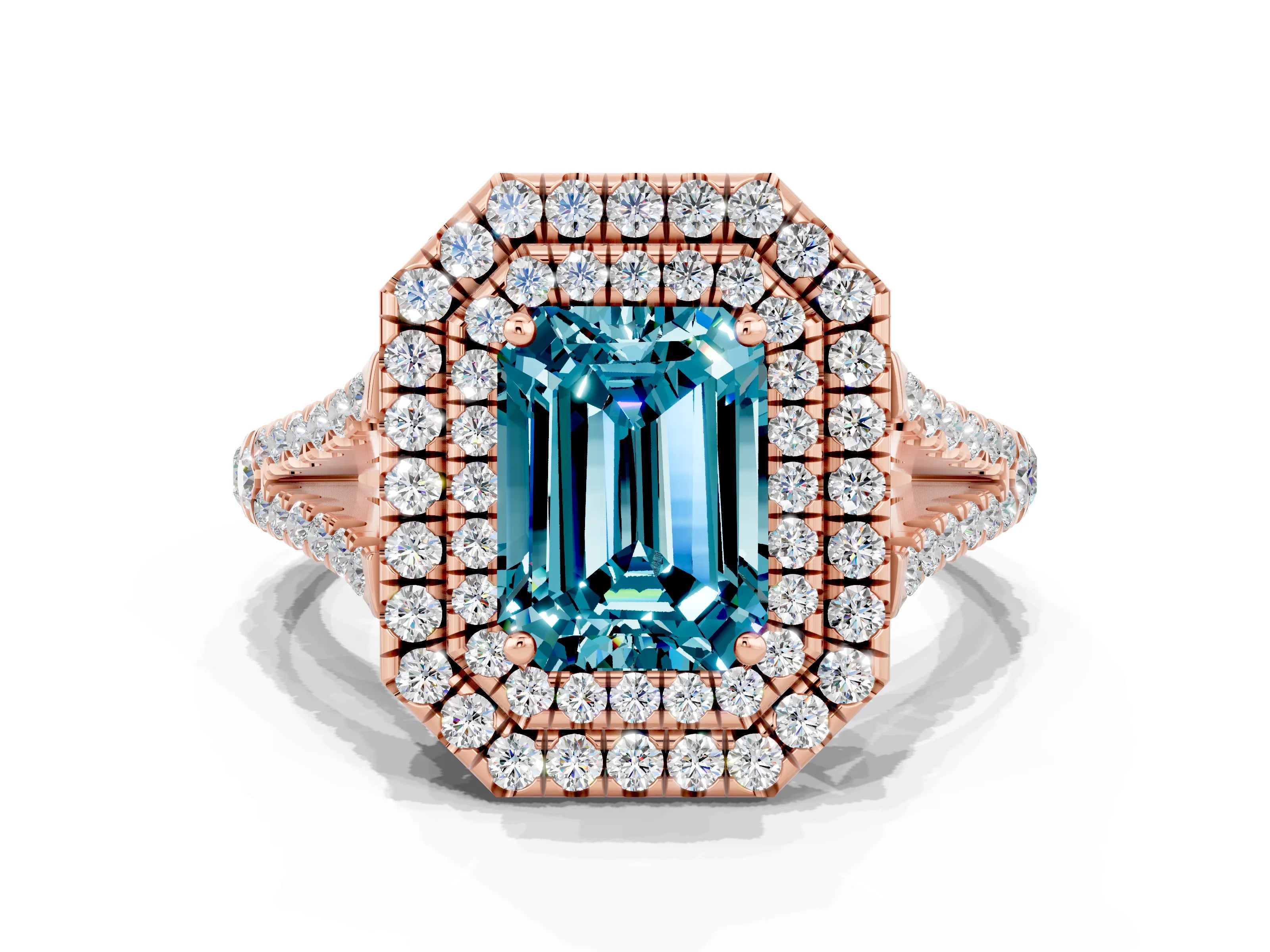 Rose gold Emerald Cut Blue Topaz Double Halo Ring with Pavé Band and Prong Setting_12