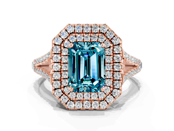 Rose gold Emerald Cut Blue Topaz Double Halo Ring with Pavé Band and Prong Setting