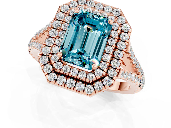 Rose gold Emerald Cut Blue Topaz Double Halo Ring with Pavé Band and Prong Setting