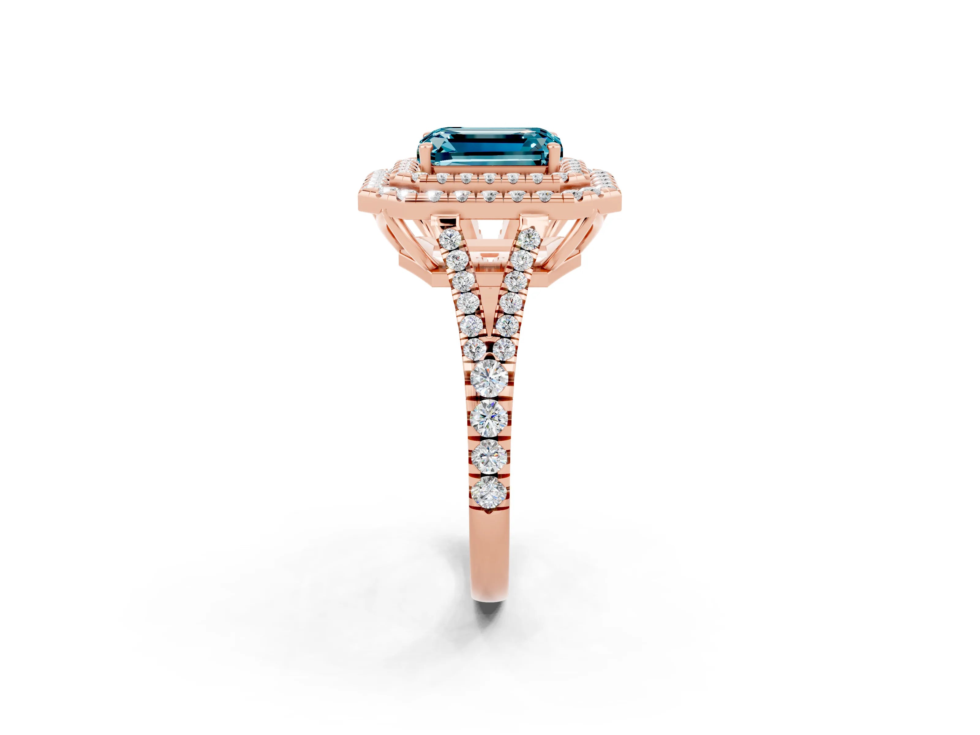 Rose gold Emerald Cut Blue Topaz Double Halo Ring with Pavé Band and Prong Setting_14