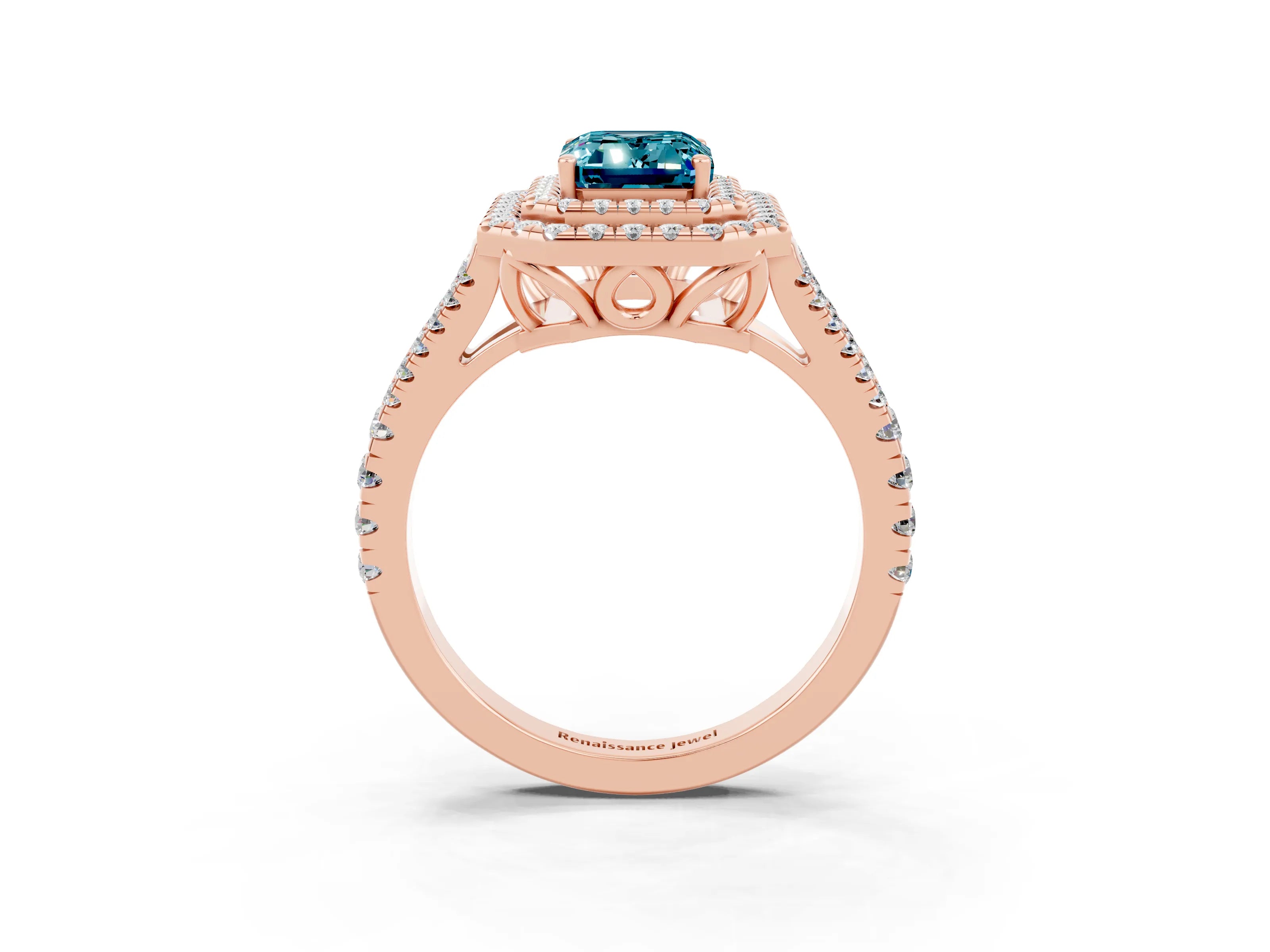 Rose gold Emerald Cut Blue Topaz Double Halo Ring with Pavé Band and Prong Setting_15