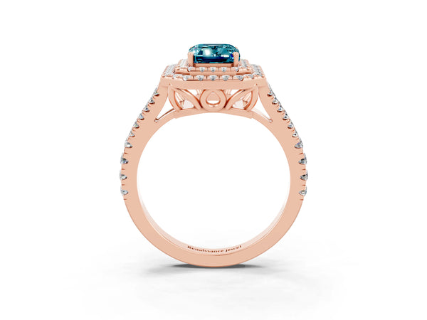 Rose gold Emerald Cut Blue Topaz Double Halo Ring with Pavé Band and Prong Setting