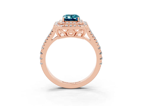 Rose gold Emerald Cut Blue Topaz Double Halo Ring with Pavé Band and Prong Setting_15