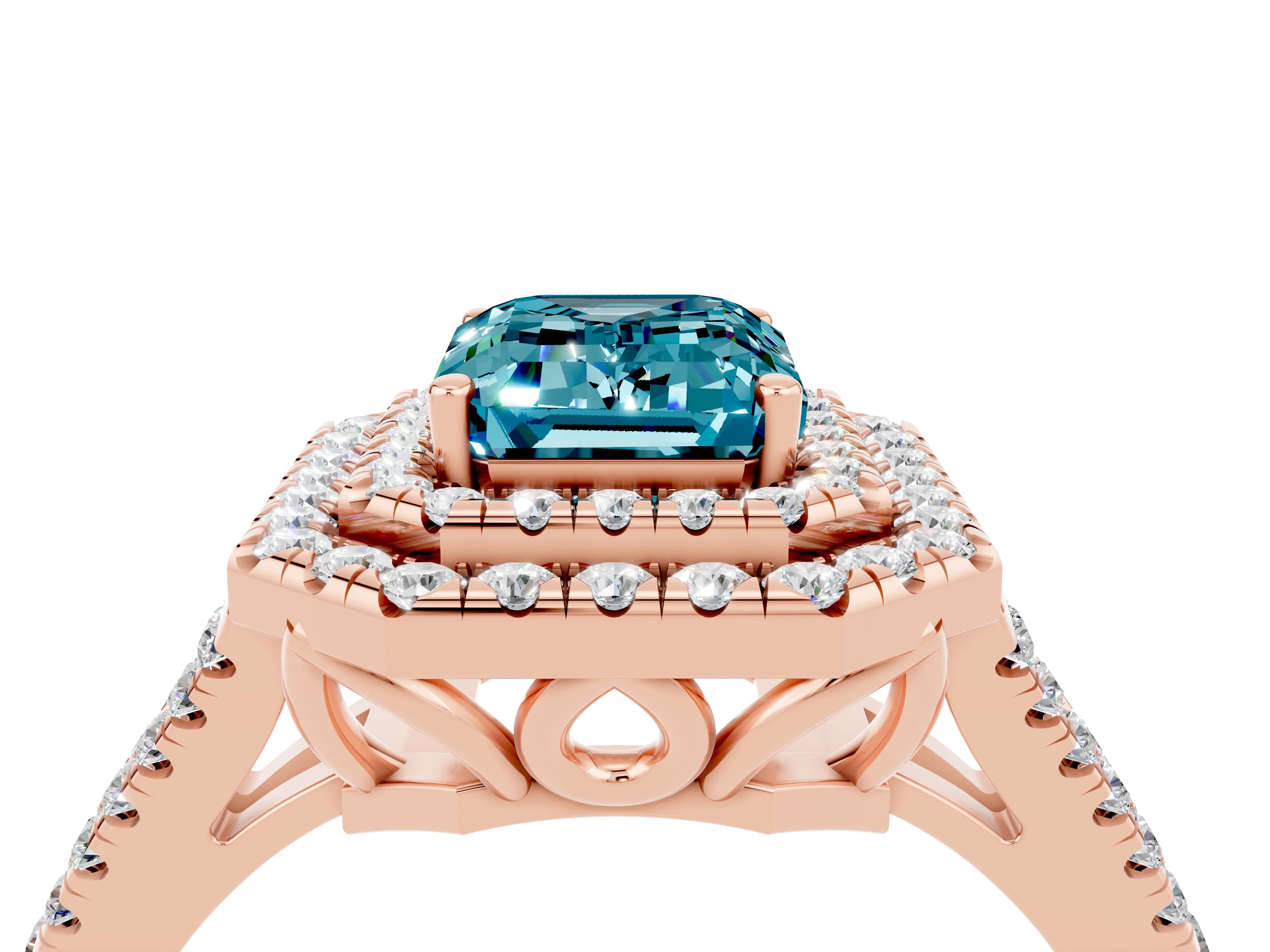 Rose gold Emerald Cut Blue Topaz Double Halo Ring with Pavé Band and Prong Setting_16