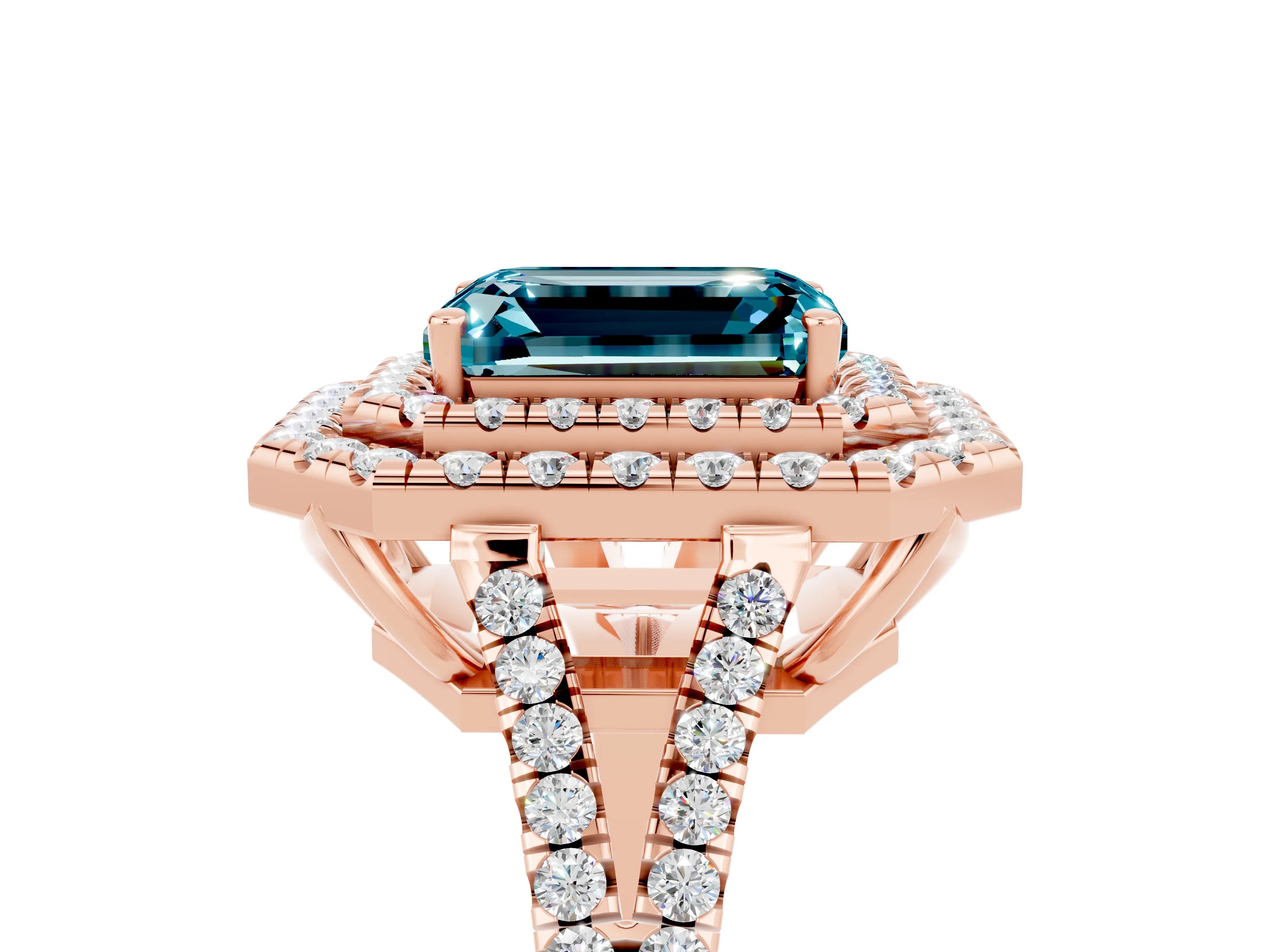 Rose gold Emerald Cut Blue Topaz Double Halo Ring with Pavé Band and Prong Setting_17