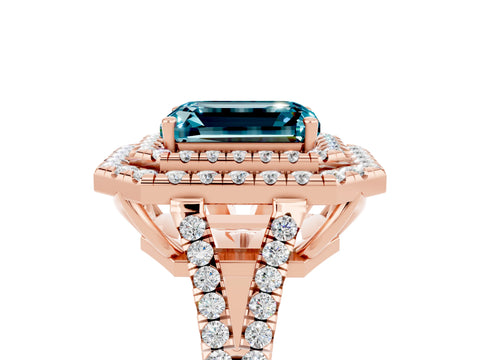 Rose gold Emerald Cut Blue Topaz Double Halo Ring with Pavé Band and Prong Setting_17