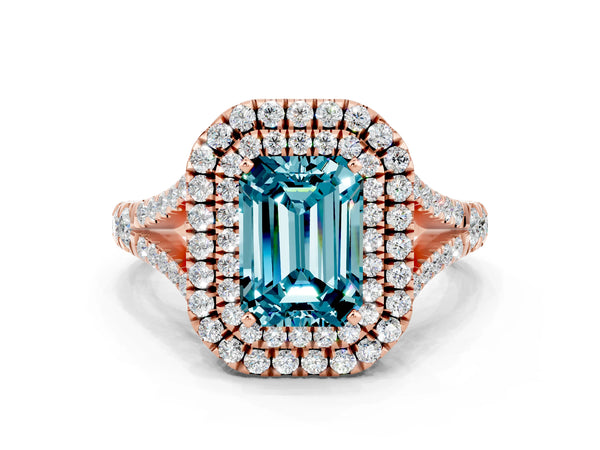 Rose gold Emerald Cut Blue Topaz Double Halo Ring with Split Shank and Prong Setting