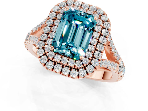Rose gold Emerald Cut Blue Topaz Double Halo Ring with Split Shank and Prong Setting_13