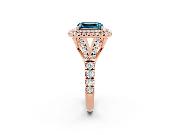 Rose gold Emerald Cut Blue Topaz Double Halo Ring with Split Shank and Prong Setting