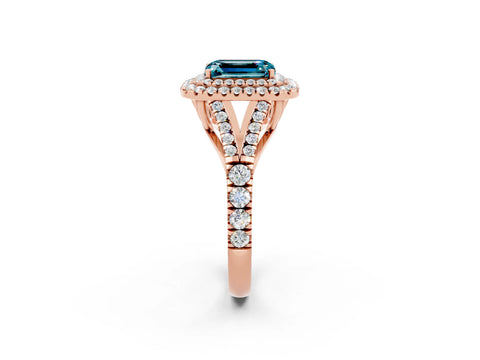 Rose gold Emerald Cut Blue Topaz Double Halo Ring with Split Shank and Prong Setting_14