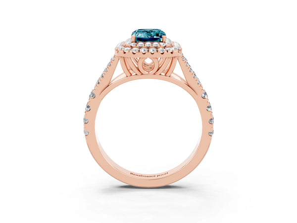 Rose gold Emerald Cut Blue Topaz Double Halo Ring with Split Shank and Prong Setting
