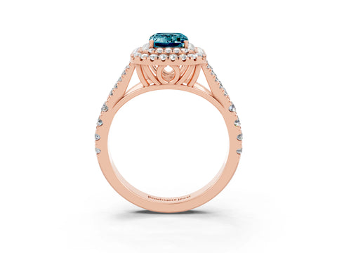 Rose gold Emerald Cut Blue Topaz Double Halo Ring with Split Shank and Prong Setting_15