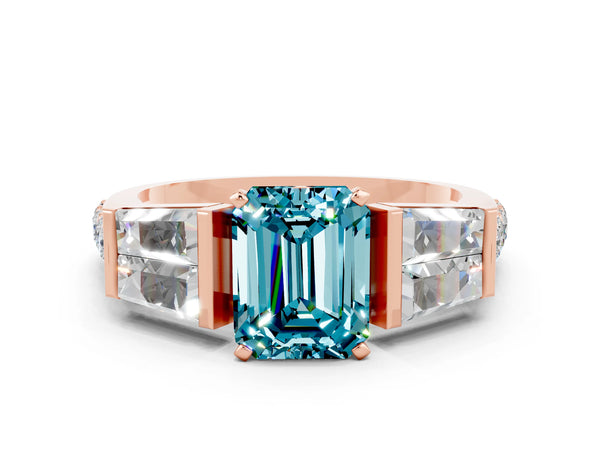 Rose gold Emerald Cut Blue Topaz Engagement Ring with Baguette Side Stones and Channel Set Band