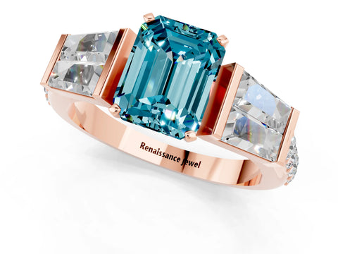 Rose gold Emerald Cut Blue Topaz Engagement Ring with Baguette Side Stones and Channel Set Band_1