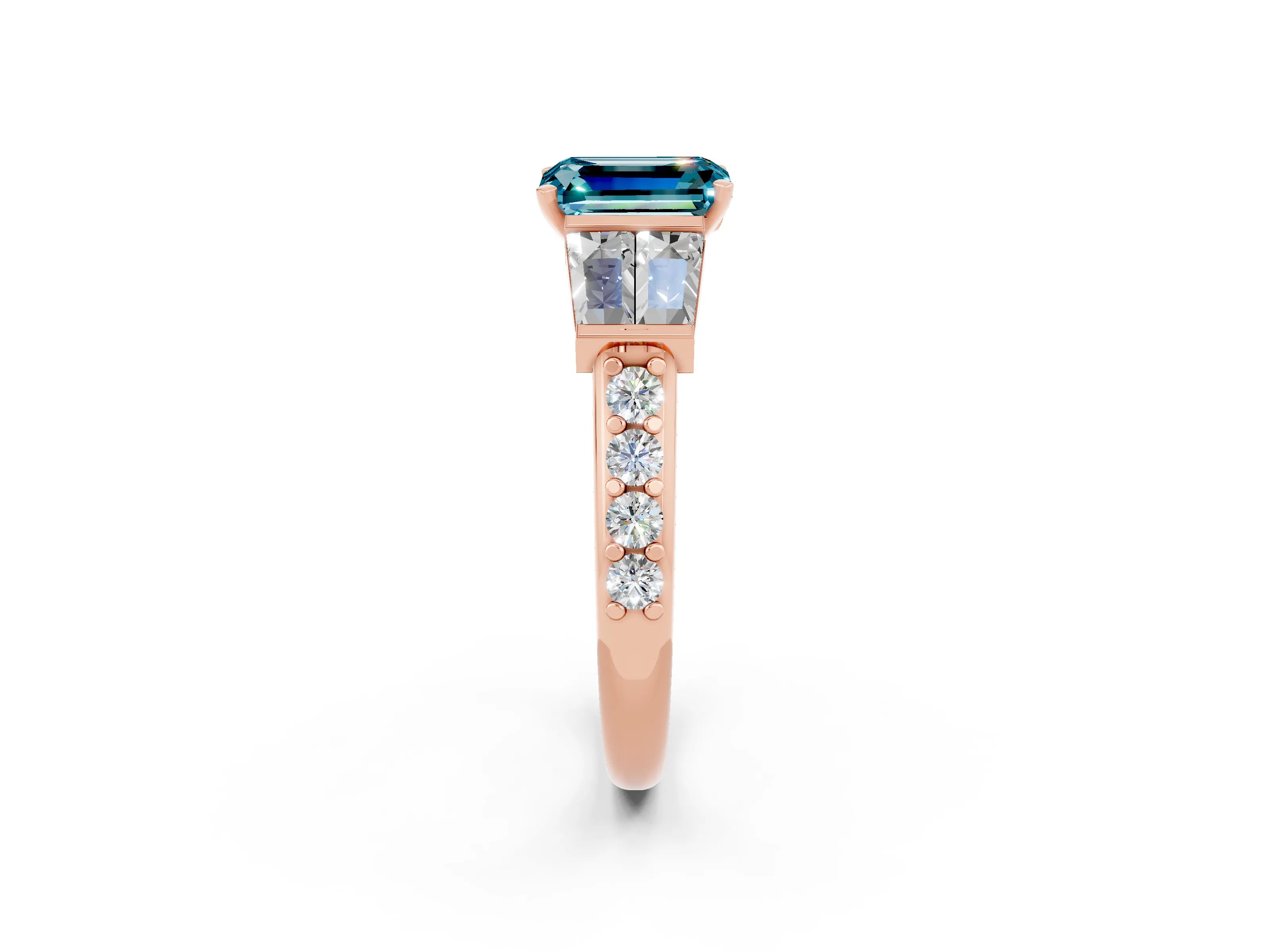 Rose gold Emerald Cut Blue Topaz Engagement Ring with Baguette Side Stones and Channel Set Band_2