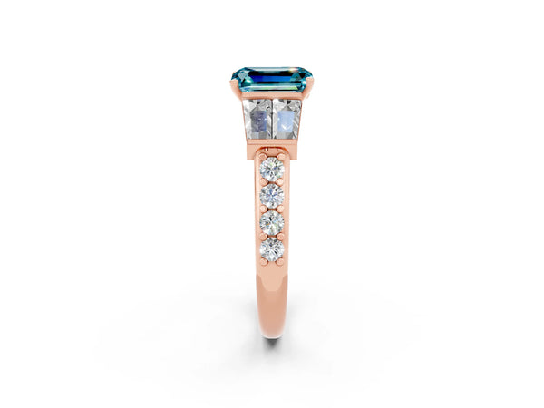 Rose gold Emerald Cut Blue Topaz Engagement Ring with Baguette Side Stones and Channel Set Band