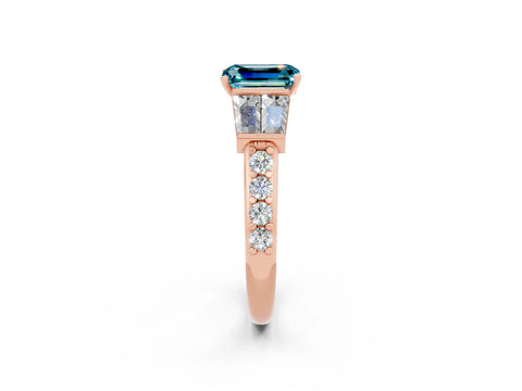 Rose gold Emerald Cut Blue Topaz Engagement Ring with Baguette Side Stones and Channel Set Band_2
