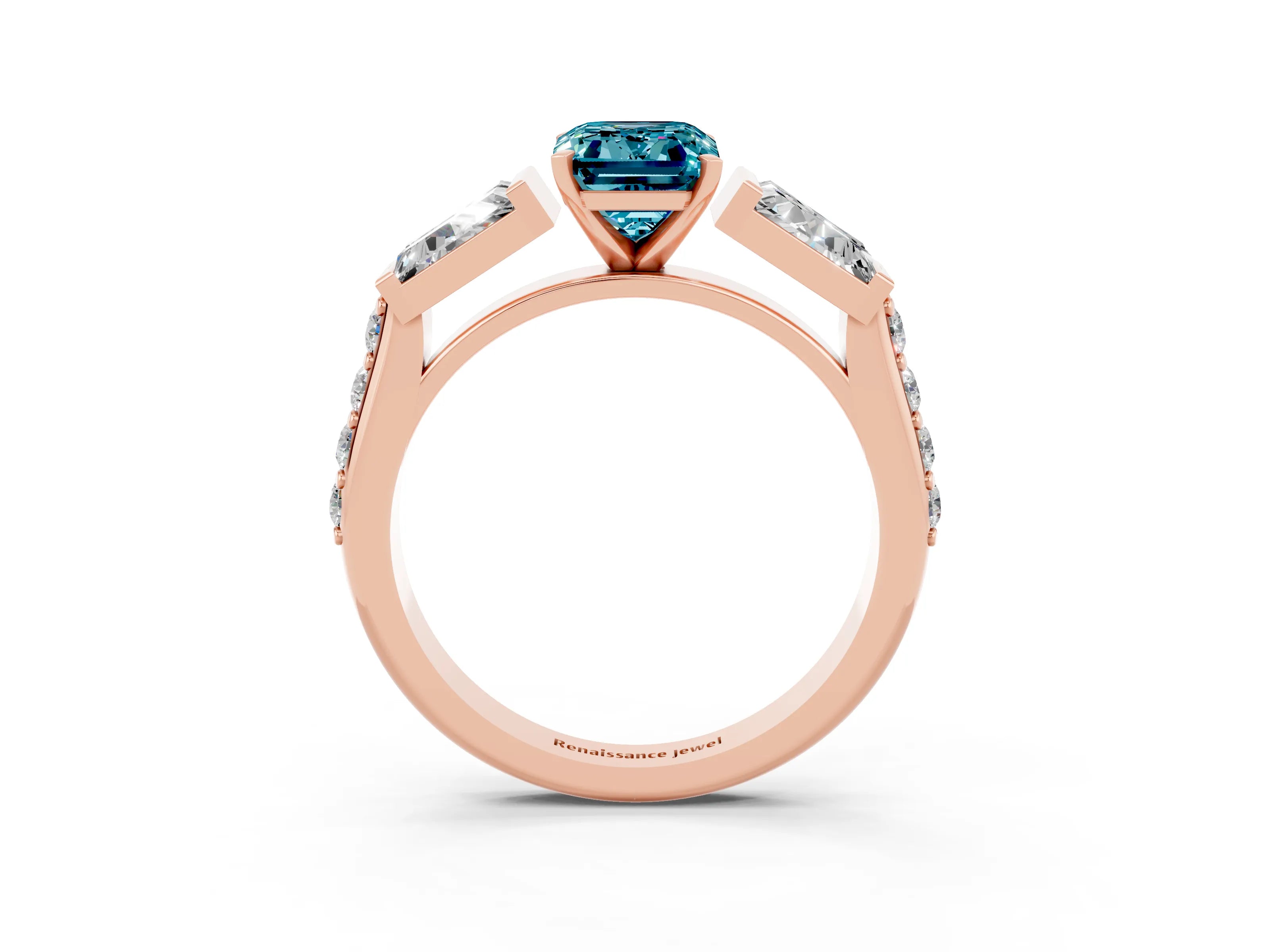 Rose gold Emerald Cut Blue Topaz Engagement Ring with Baguette Side Stones and Channel Set Band_3