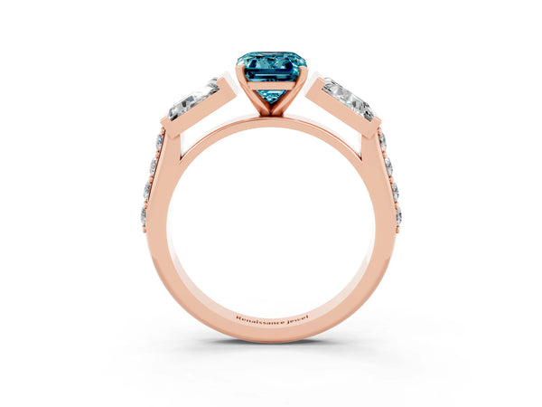 Rose gold Emerald Cut Blue Topaz Engagement Ring with Baguette Side Stones and Channel Set Band