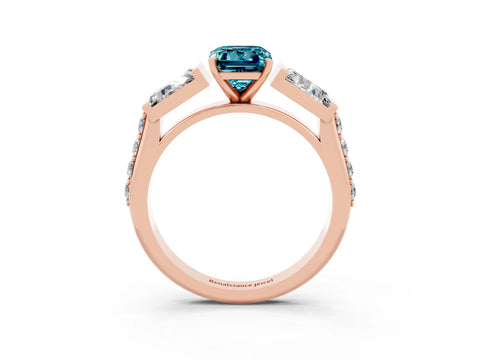 Rose gold Emerald Cut Blue Topaz Engagement Ring with Baguette Side Stones and Channel Set Band_3