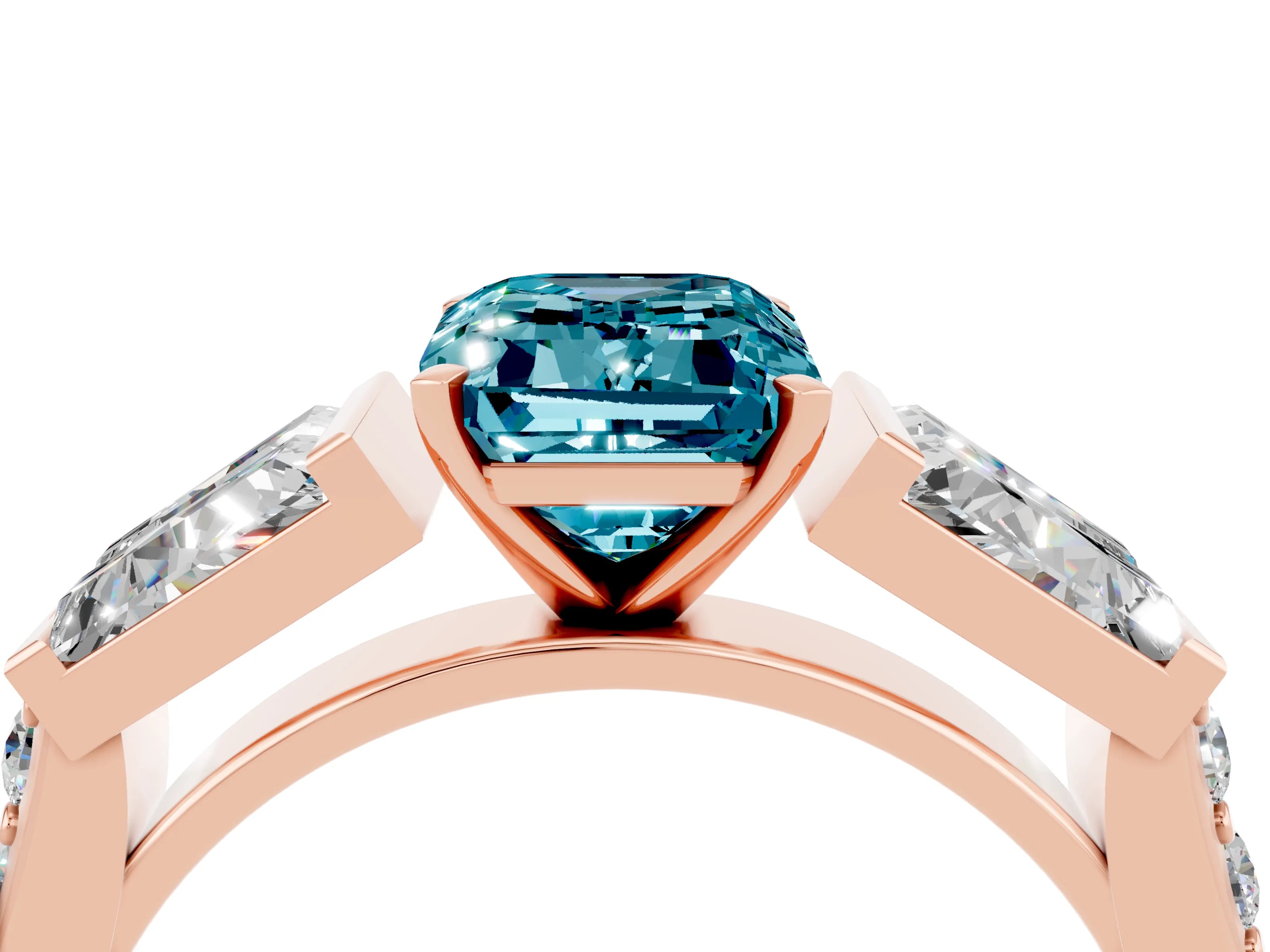 Rose gold Emerald Cut Blue Topaz Engagement Ring with Baguette Side Stones and Channel Set Band_4