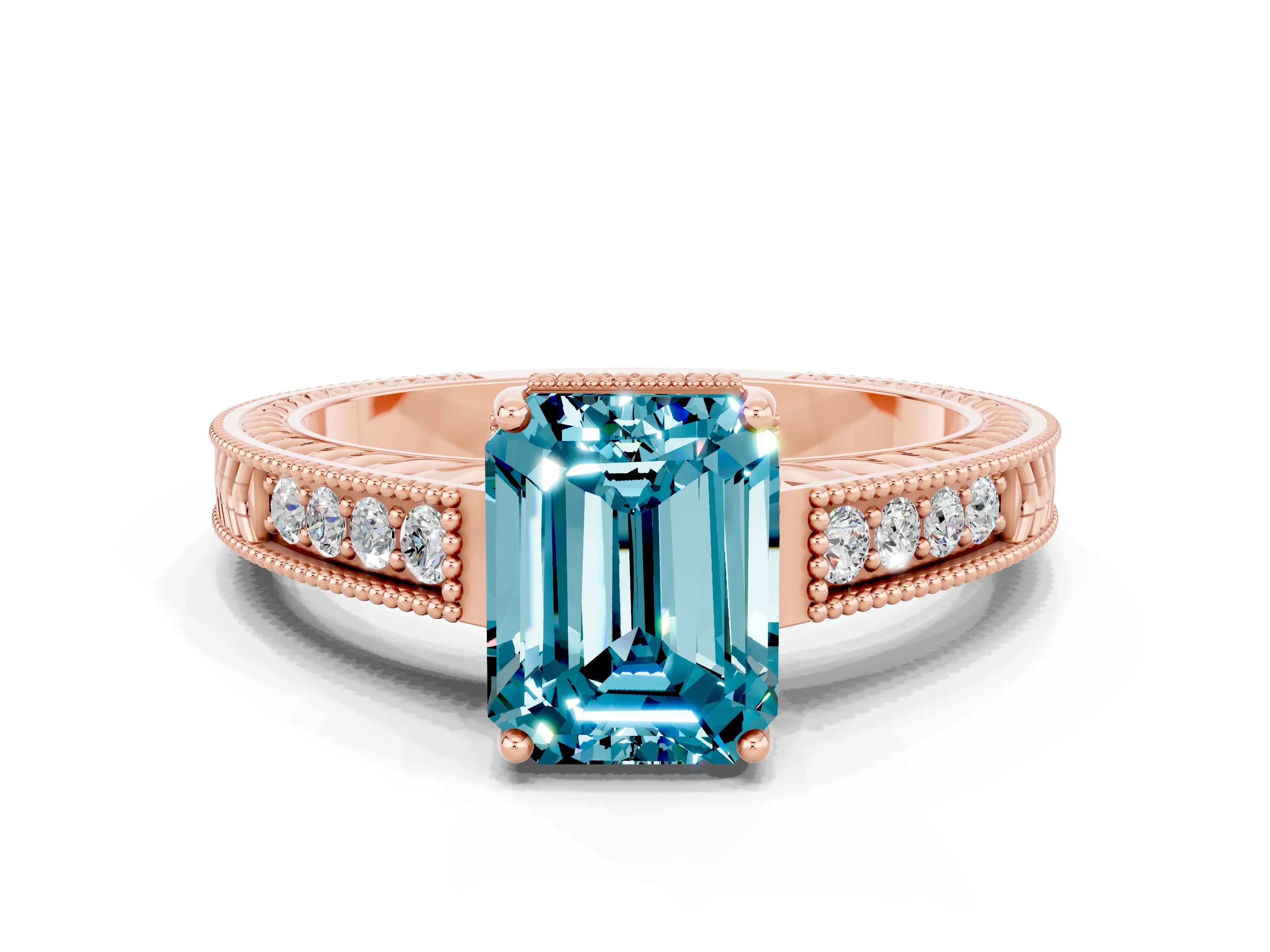 Rose gold Emerald Cut Blue Topaz Engagement Ring with Milgrain Channel Set Band and Prong Setting
