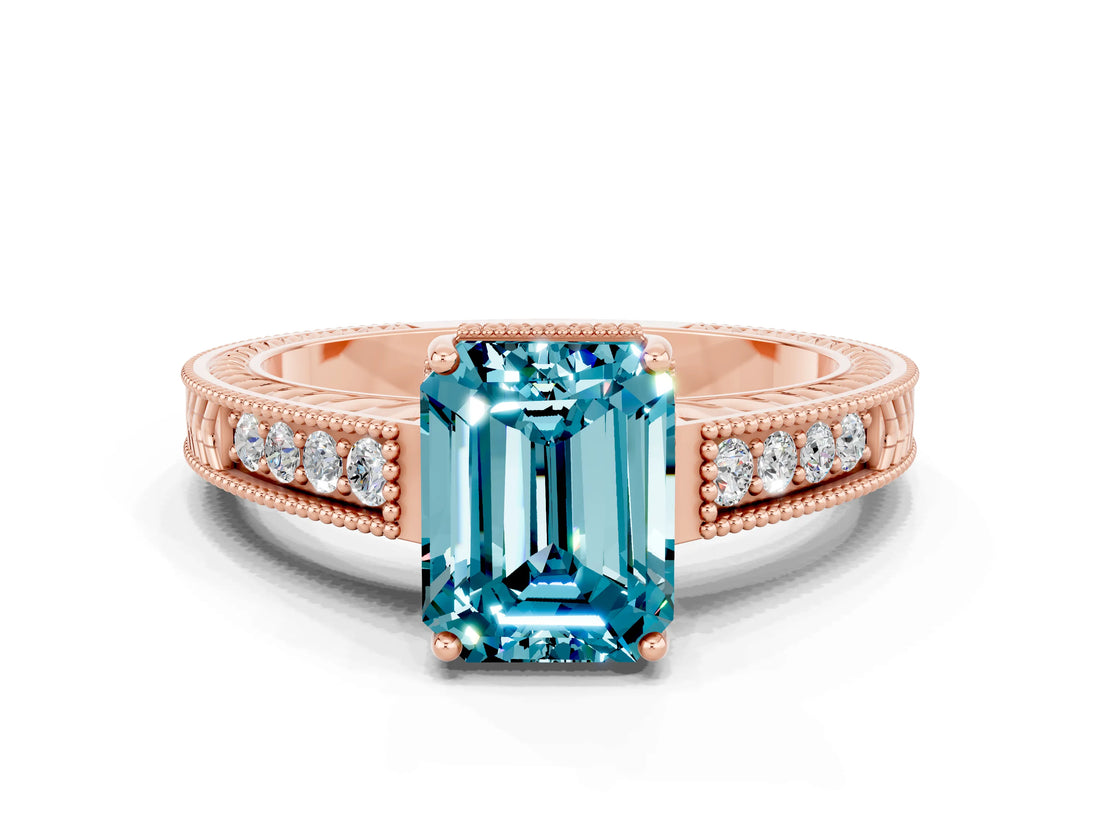 Rose gold Emerald Cut Blue Topaz Engagement Ring with Milgrain Channel Set Band and Prong Setting