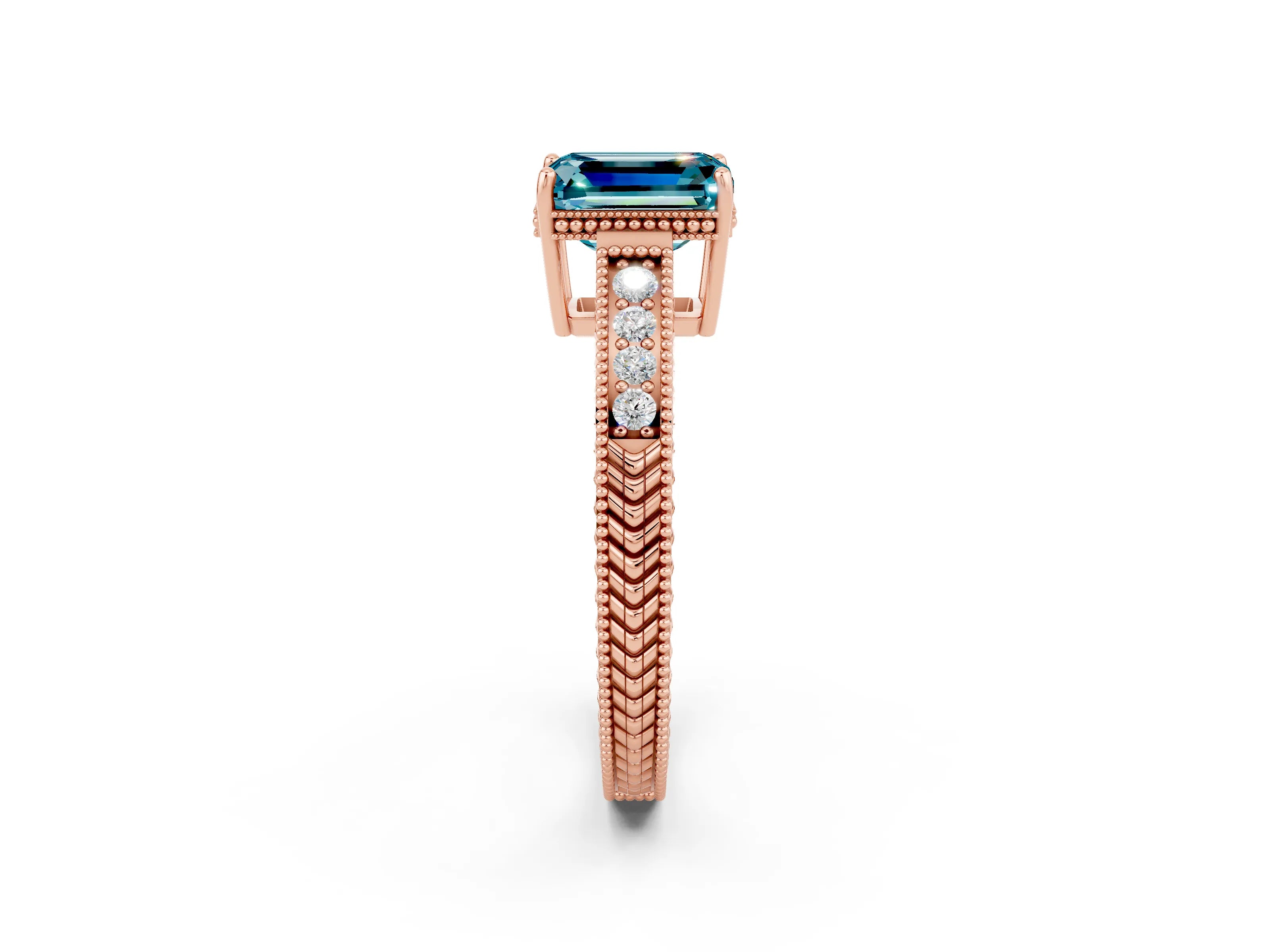 Rose gold Emerald Cut Blue Topaz Engagement Ring with Milgrain Channel Set Band and Prong Setting_2