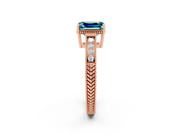 Rose gold Emerald Cut Blue Topaz Engagement Ring with Milgrain Channel Set Band and Prong Setting
