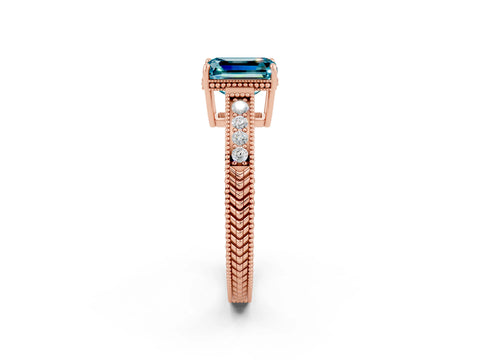 Rose gold Emerald Cut Blue Topaz Engagement Ring with Milgrain Channel Set Band and Prong Setting_2