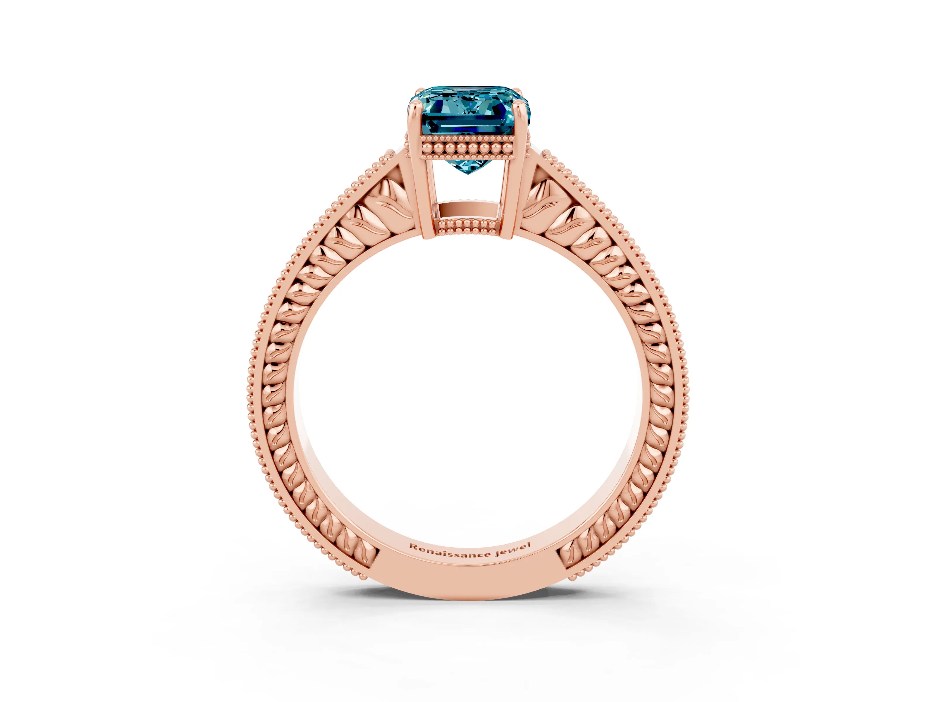 Rose gold Emerald Cut Blue Topaz Engagement Ring with Milgrain Channel Set Band and Prong Setting_3