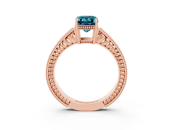 Rose gold Emerald Cut Blue Topaz Engagement Ring with Milgrain Channel Set Band and Prong Setting