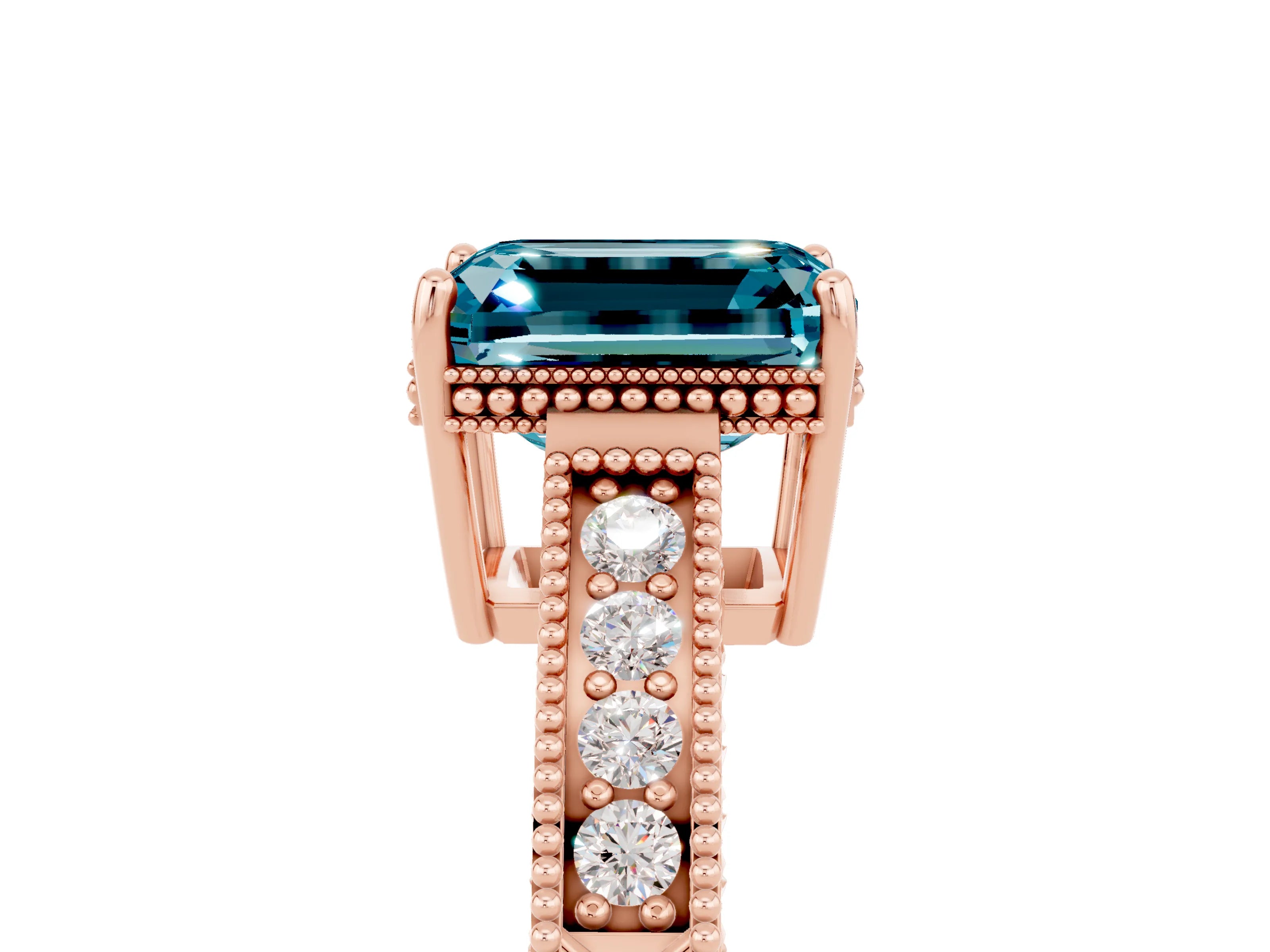 Rose gold Emerald Cut Blue Topaz Engagement Ring with Milgrain Channel Set Band and Prong Setting_5