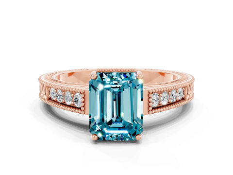 Rose gold Emerald Cut Blue Topaz Engagement Ring with Milgrain Channel Set Band and Prong Setting