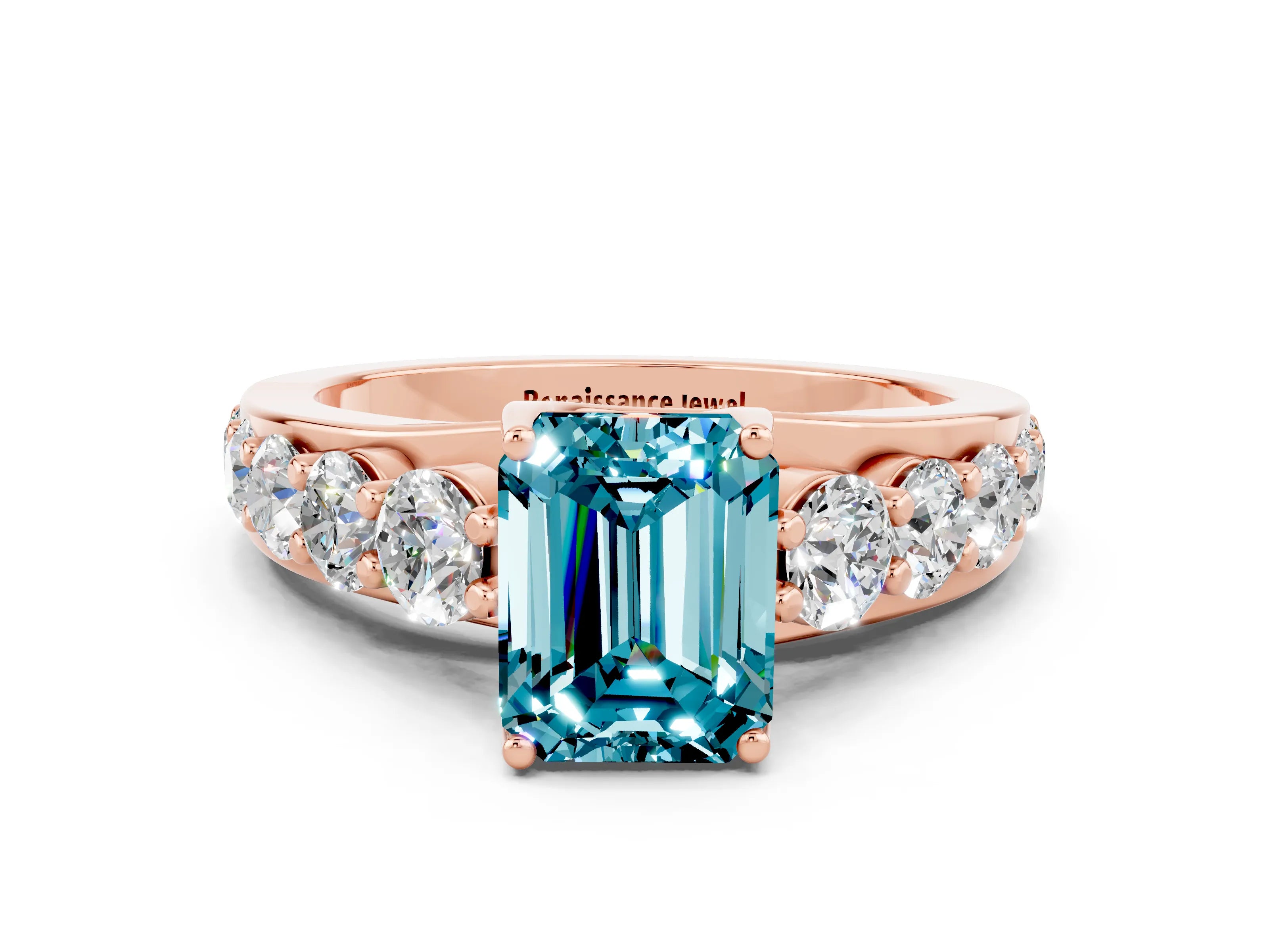 Rose gold Emerald Cut Blue Topaz Engagement Ring with Pavé Band and Four-Prong Setting