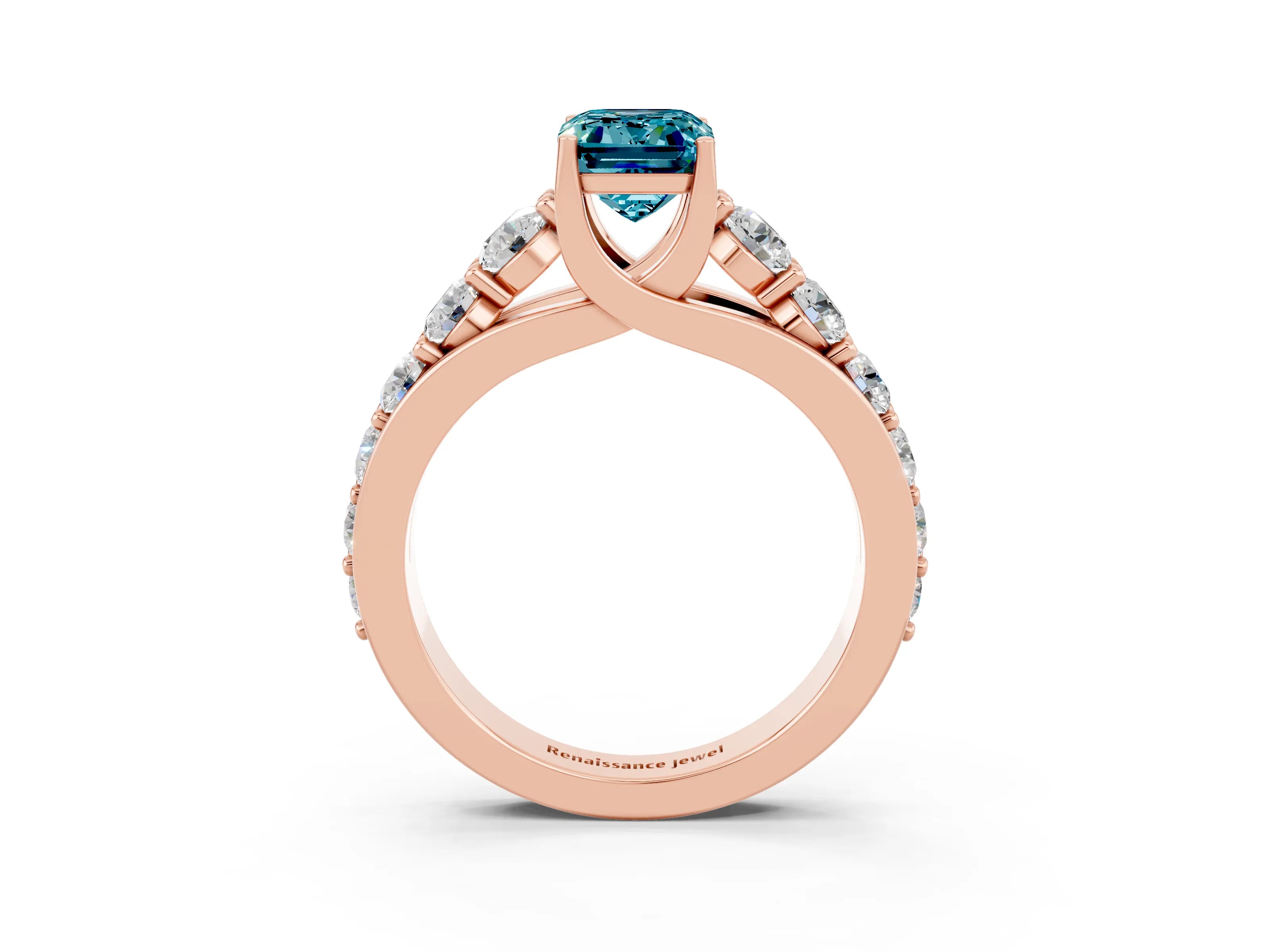 Rose gold Emerald Cut Blue Topaz Engagement Ring with Pavé Band and Four-Prong Setting_3