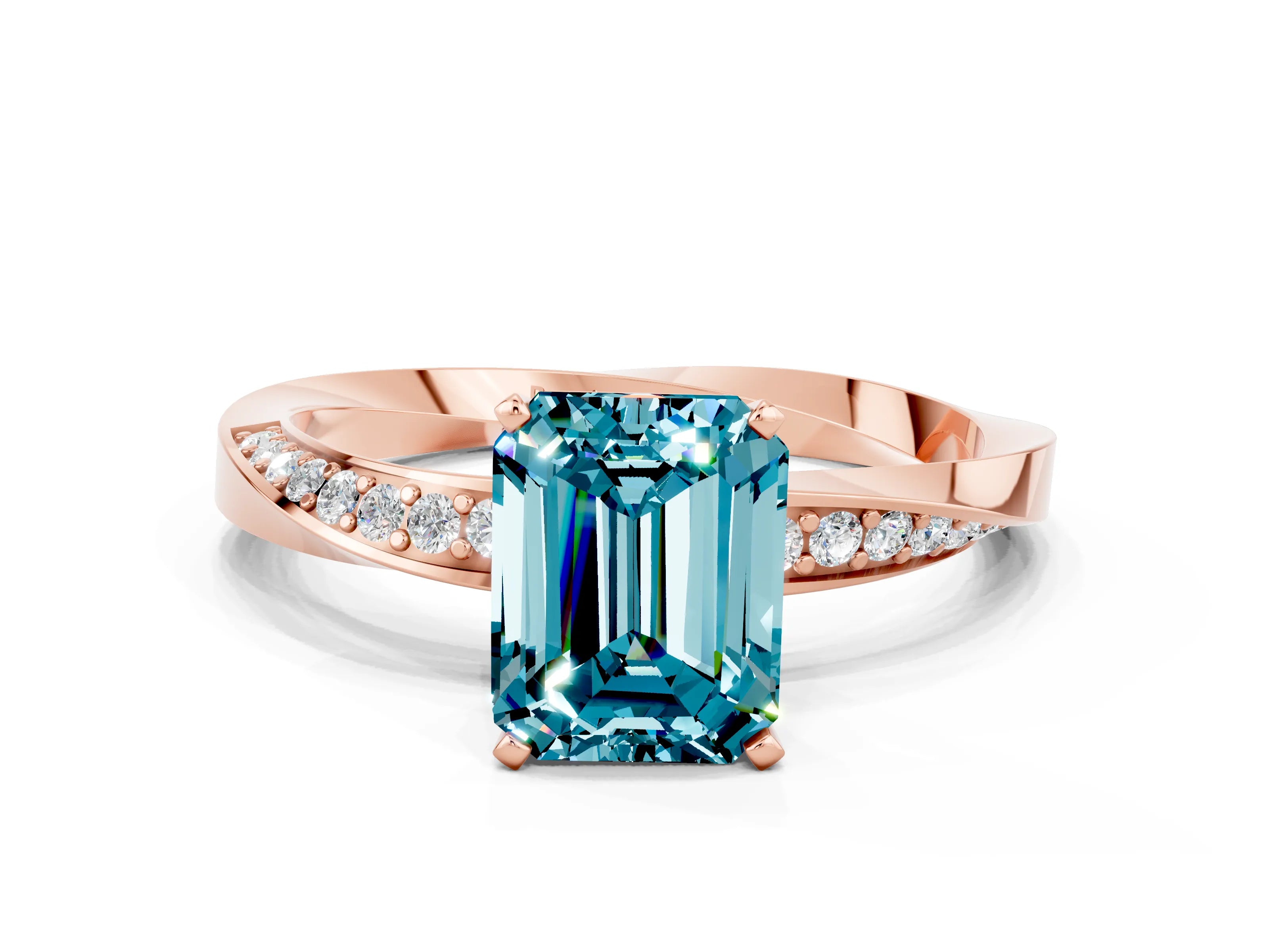 Rose gold Emerald Cut Blue Topaz Engagement Ring with Side Stone Accents and Four-Prong Setting_27