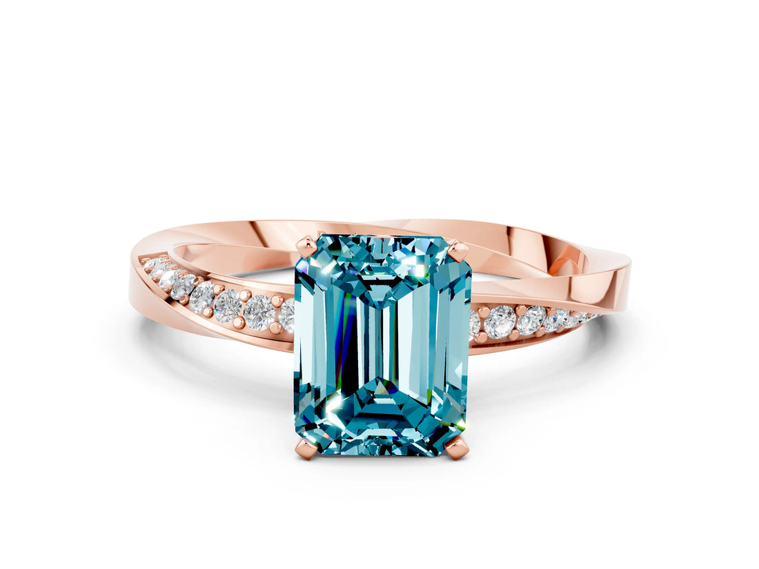 Rose gold Emerald Cut Blue Topaz Engagement Ring with Side Stone Accents and Four-Prong Setting_60