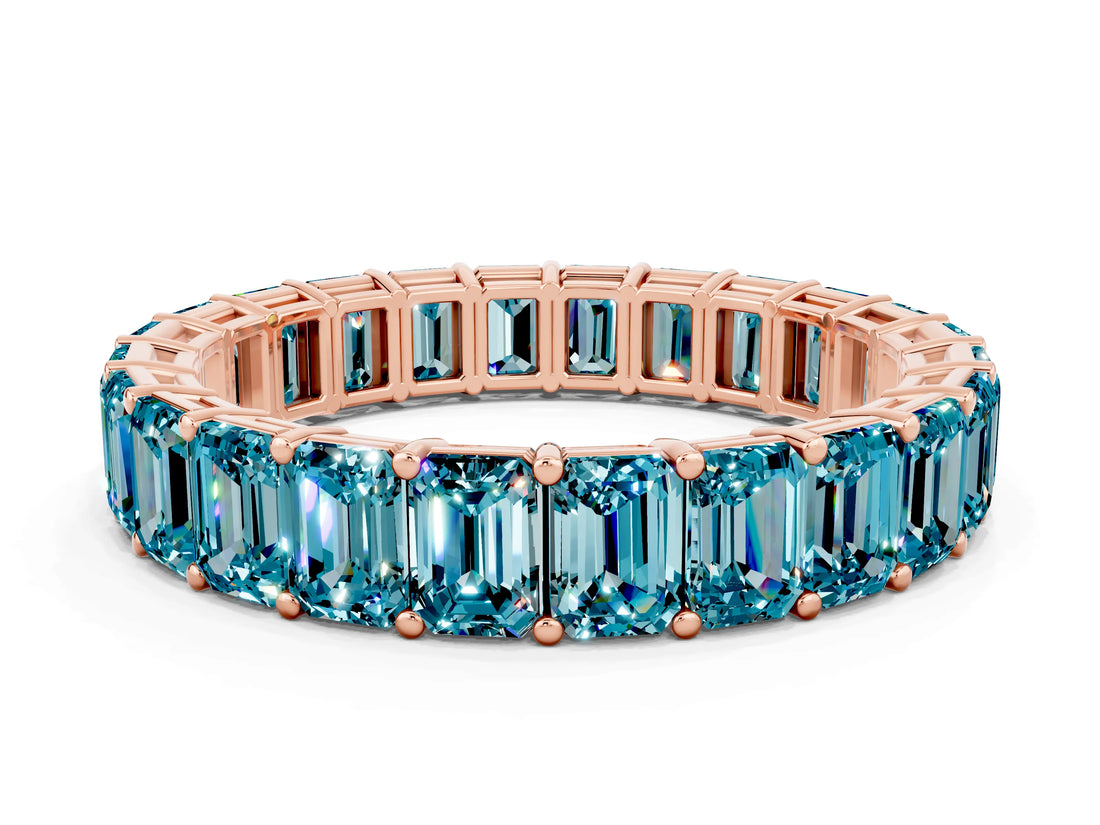 Rose gold Emerald Cut Blue Topaz Eternity Band with Shared Prong Setting_6